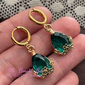 Emerald Green Crystal Tear Drop Hoop Earrings
